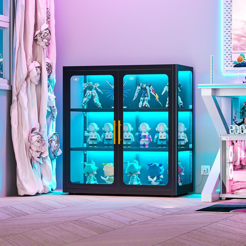 Glass Cabinet Display - 34 Yüksekliğinde Cam Kapılı, Ayarlanabilir Raflı